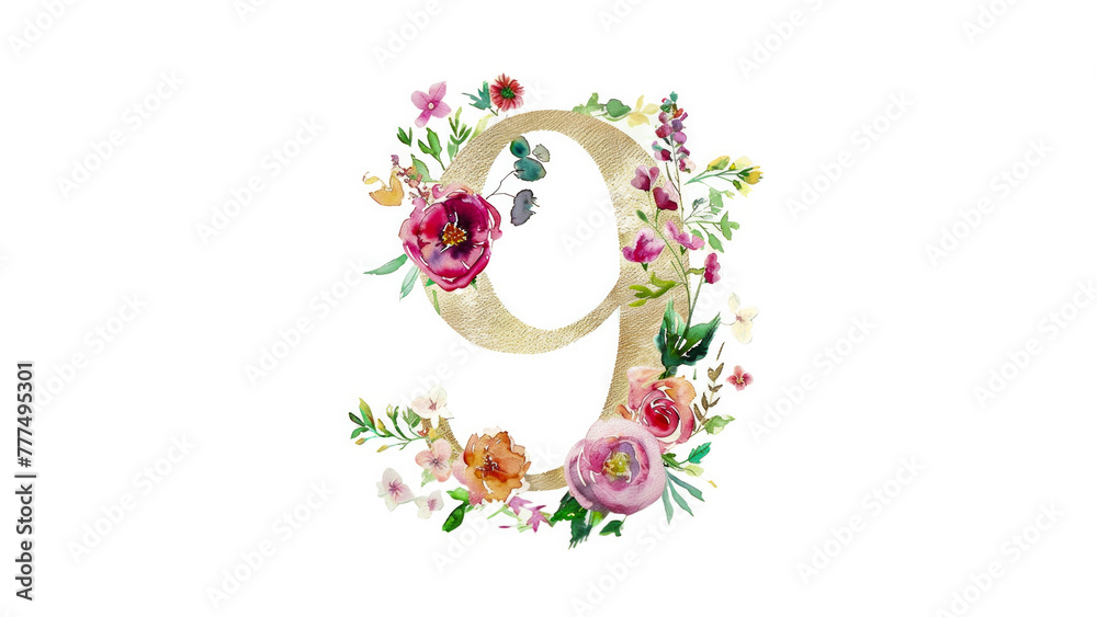 The digit 9 is painted in watercolor surrounded by flowers. «Nine» is depicted in the style of handwritten capital letters, suitable for illustrations and greeting cards. The digit 9 is painted in watercolor surrounded by flowers. «Nine» is depicted in the style of handwritten capital letters, suitable for illustrations and greeting cards.