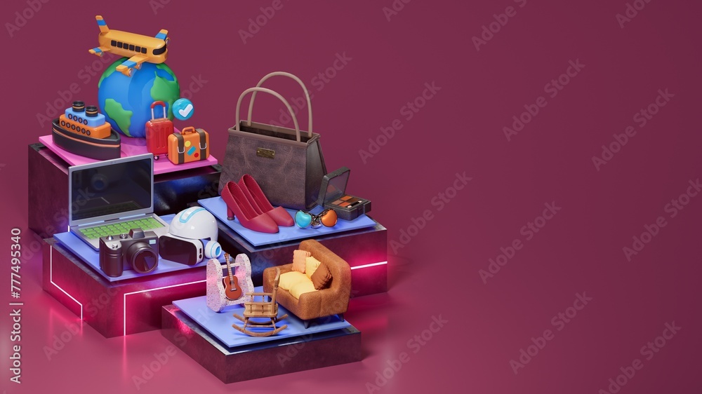 A tiny globe, aeroplane, luggage, camera, headphones, and make-up accessories are visible, creating a whimsical representation of an online shopping setup. 3D Rendered A tiny globe, aeroplane, luggage, camera, headphones, and make-up accessories are visible, creating a whimsical representation of an online shopping setup. 3D Rendered