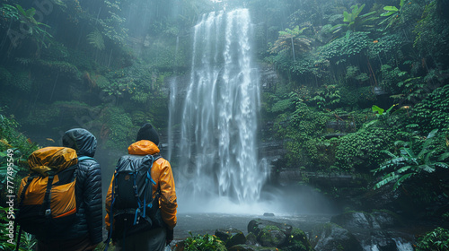 Fototapeta Naklejka Na Ścianę i Meble -  Tourists with backpacks look at the waterfall