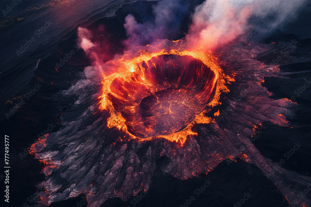 Obraz premium Volcano eruption from a bird view. Volcano crater and magma flow shot from above. Genertated AI.