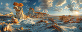 A panoramic view of an alien like landscape with intricate rock formations under a dramatic sunset sky.