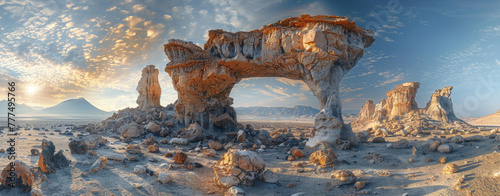 Panoramic view of a surreal, alien like landscape with towering rock formations under a cloud speckled sky at sunrise.
