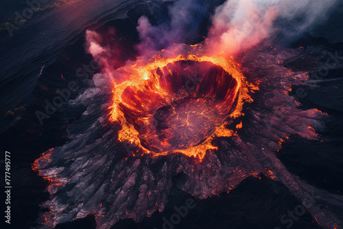 Volcano eruption from a bird view. Volcano crater and magma flow shot from above. Genertated AI. photo