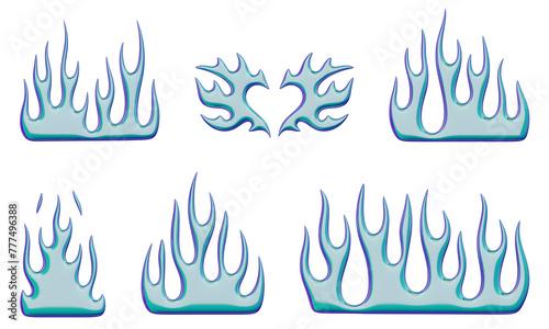 3D flames. Set of Stickers with cold blue burning fire with glossy liquid metal effect. Trendy design elements in Y2K style. 3D render. Illustrations are isolated on white background.