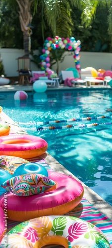 A pool party setup with inflatable floats and colorful towels, creating a fun and lively atmosphere for summer-themed banners photo