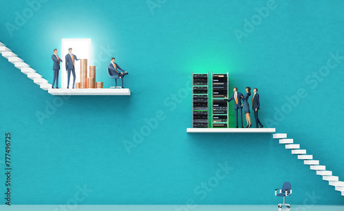 Business team introducing a new startup computer system to investors.  Business environment concept with stairs and open door representing achievement,  growth, success. 3D rendering