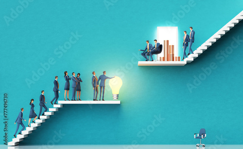 Businessman with big light bulb introducing a new startup idea to investors.  Business environment concept with stairs and open door representing achievement,  growth, success. 3D rendering