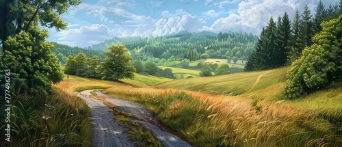 A quiet country road with summer foliage, offering a peaceful and scenic route for clean and spacious backdrop designs