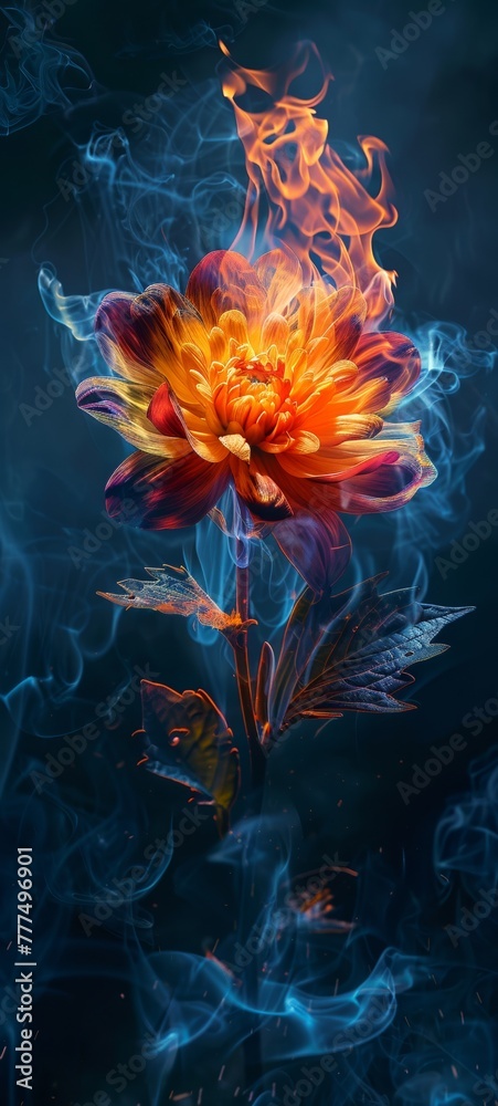 A surreal image of a vibrant flower engulfed in gentle flames, its colors intensified by the fire, against a dark, moody background A surreal image of a vibrant flower engulfed in gentle flames, its colors intensified by the fire, against a dark, moody background