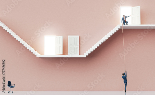 Businessman trying to climb up with rope. Business environment concept with stairs and opened door, representing career, help, growth, success, solution and achievement. 3d Rendering
