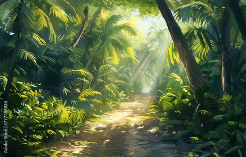 A tropical forest path with sunlight filtering through the trees, providing a mysterious and adventurous summer backdrop © Shutter2U