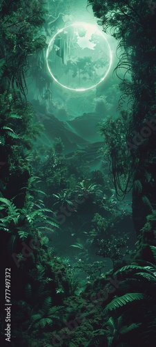 Deep jungle scene with a luminescent ring  evoking mystery and undiscovered realms