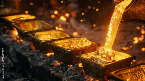 Molten gold being poured into molds, glow of the furnace lighting the scene