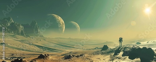 Space robot on an alien planet with hovering rocks and twin suns, mapping uncharted territories photo