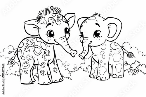 coloring book for children  black and white two baby mammoths 