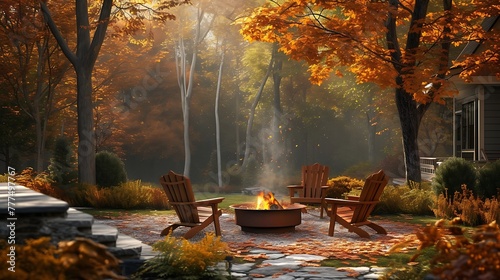 a visually appealing depiction of a tranquil autumn backyard setting, featuring a crackling fire pit and classic Adirondack chairs attractive look photo