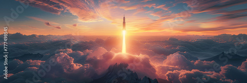 Rocket launch from Earth at sunrise with dramatic clouds. an impressive panorama.