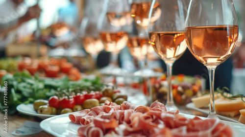 A spread of gourmet foods paired with glasses of rosé wine.