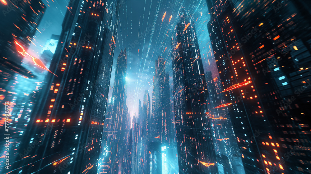 Futuristic Cityscape with Neon Data Streams