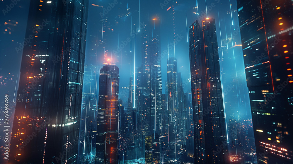 Futuristic Cityscape with Neon Data Streams