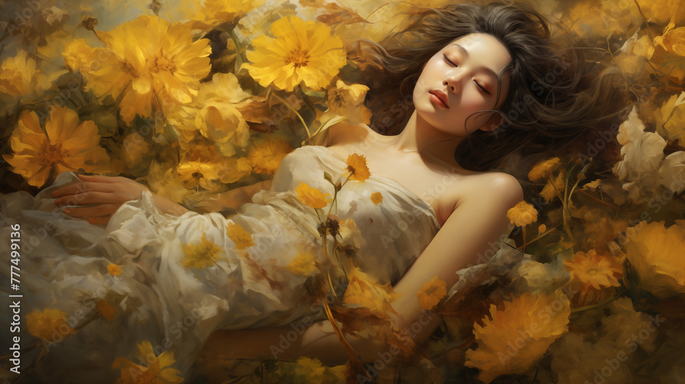 woman in autumn park, women sleep in the flower