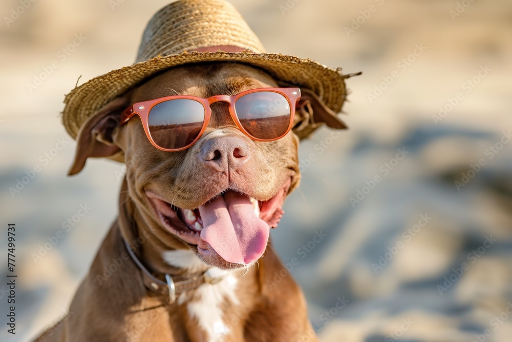 A happy and contented dog in sunglasses and a hat is relaxing on the beach, enjoying a vacation and summer days. Relaxation is in full swing