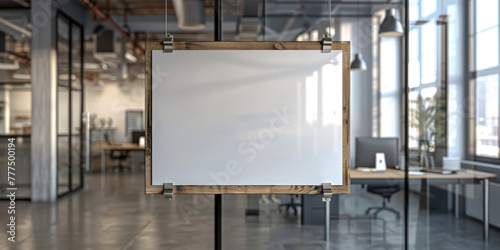 empty white blank poster on wooden wall in an office, white board hung in a room in modern office corridor	