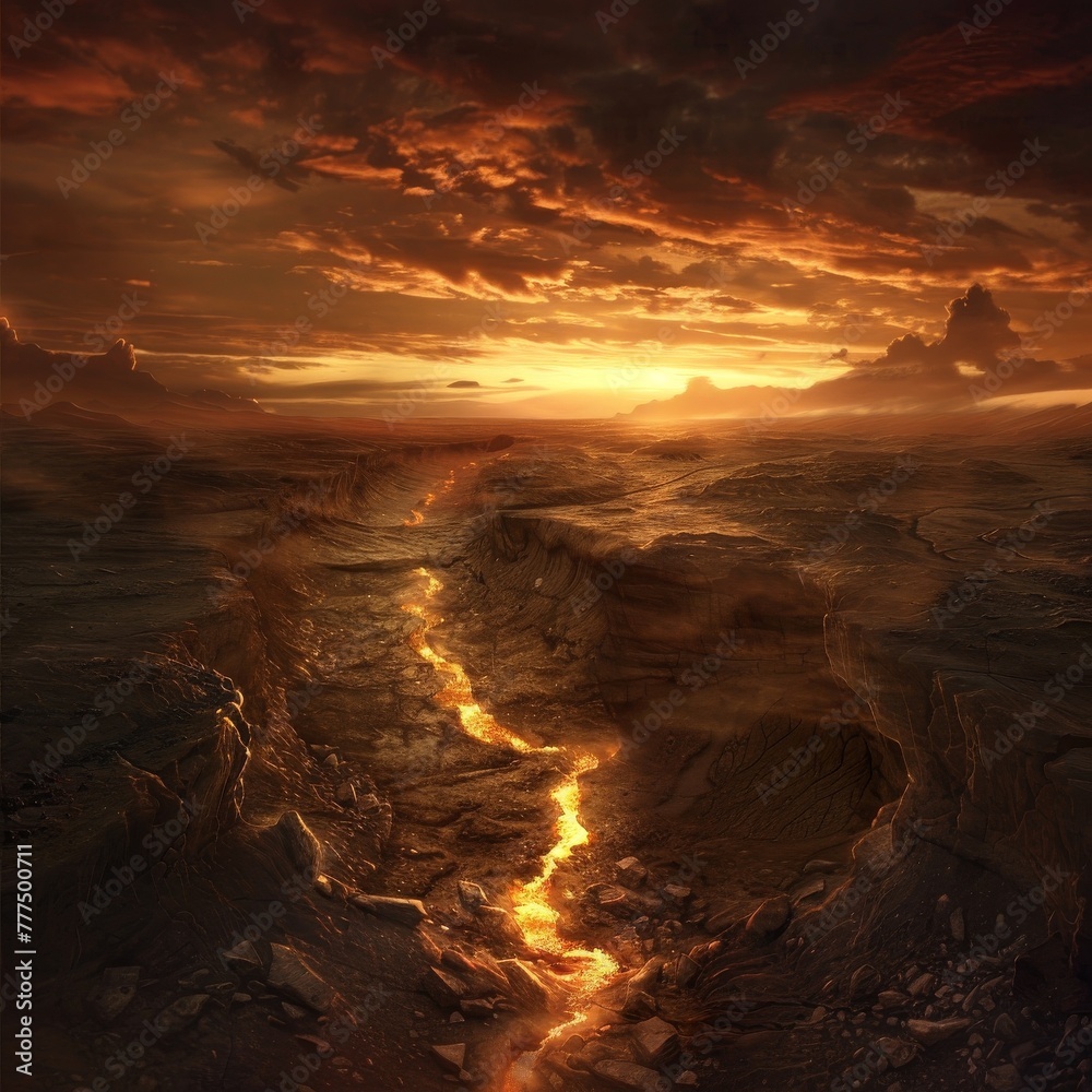 Vast plains under a twilight sky, the earth fissured and emanating an eerie, fiery glow from the abyss below