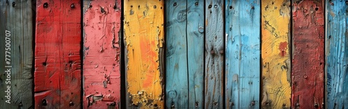 Colorful wooden fence displaying multiple paint hues © Ihor