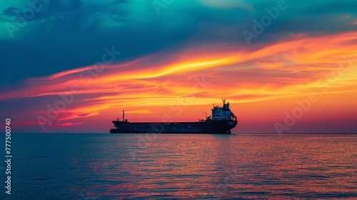 Lone cargo ship against a vibrant sunset over the tranquil sea