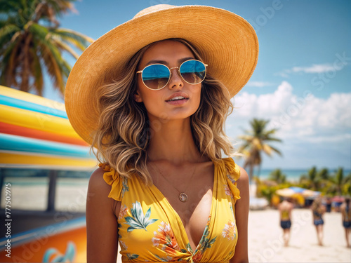 Summer fashion woman with sunglasses on beach. Summertime, vacation, holidays concept