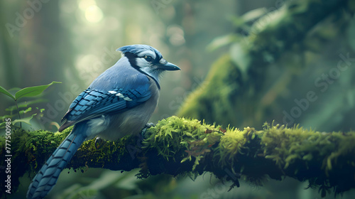 A vibrant Blue Jay perched on a mossy branch against a soft-focus forest backdrop, showcasing its azure plumage photo