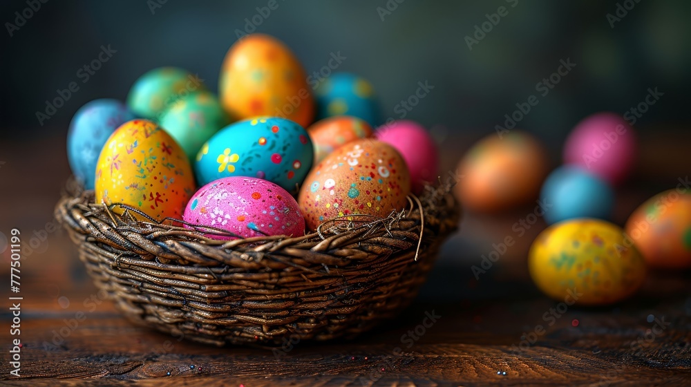   A wooden table holds a basket filled with colorfully painted eggs, accompanied by individual ones placed beside it