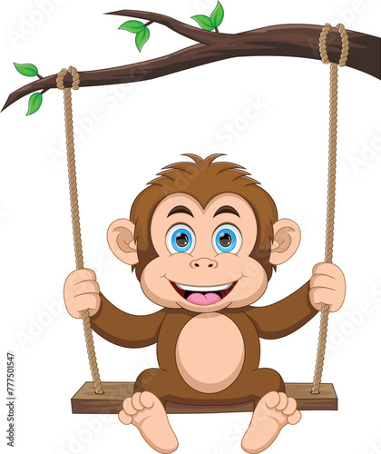 Cute monkey playing on swing cartoon © lawangdesign