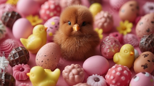  A tight shot of assorted toys with a chicken amongst eggs and playthings in the foreground