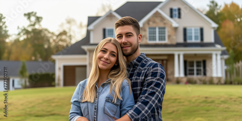 Young couple embracing in front of their new home