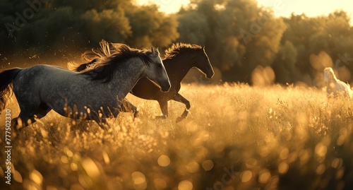   A couple of horses gallop through a field of tall grass, with trees in the distance © Mikus