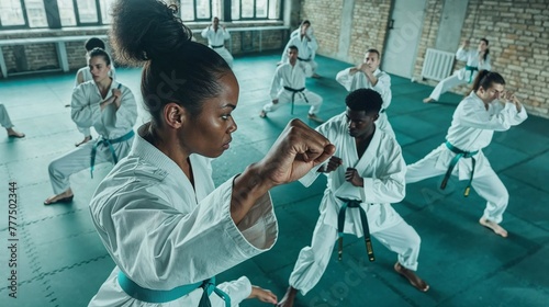 Focused and Determined: A Diverse Group Training in Karate Dojo, Evening Light Enhancing Martial Arts Journey and Rank photo