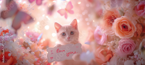 Adorable white cat holding 'i love you' sign amongst pink flowers photo