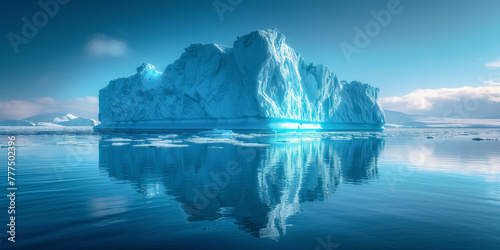 Iceberg majesty reflecting on calm arctic waters under clear skies