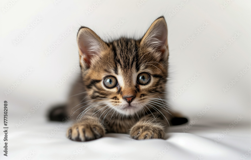 Naklejka premium Tabby kitten with captivating blue eyes on white background