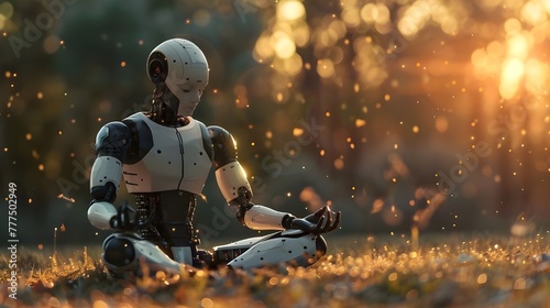 Meditating robot at sunset in nature