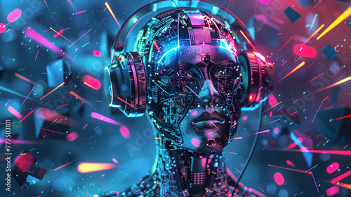 Digital art of an AI humanoid with headphones, surrounded by abstract tech elements and vibrant colors. 