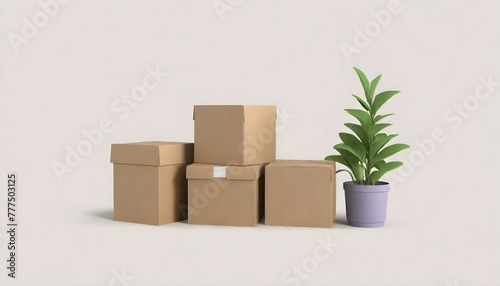 Minimal stylized simple beige cardboard boxes with brown tape, green plant in blue pot. Stacked pile of boxes of sealed goods, personal stuff, home supplies for relocation. 3d render in pastel colors