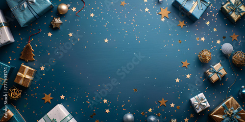 A blue christmas background with small golden stars and gift boxes decorations, Xmas banner design, Happy New Year, party invitation card template, winter holiday ,copy space © Planetz