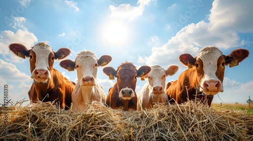 Cows in sunset, Cow, Herd of cows grazing on a farmland in Devon, England, Group of cows stand upright, Generative ai photo