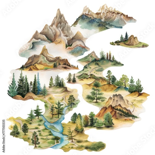 A watercolor clipart of a whimsical map showing various landscapes  forest desert