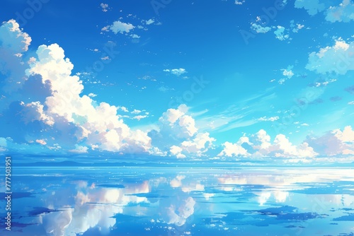 A beautiful blue sky with white clouds  reflecting on the water surface  creating an endless sea of clouds