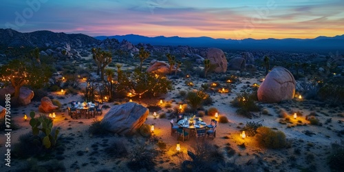 Twilight serenity in a desert dining setup, framed by pastel boulders and ambient fairy lights