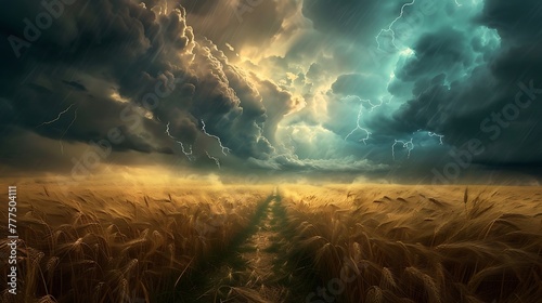 a visually captivating picture of a wheat field surrounded by a menacing stormy sky using AI, accentuating the power and beauty of nature attractive look